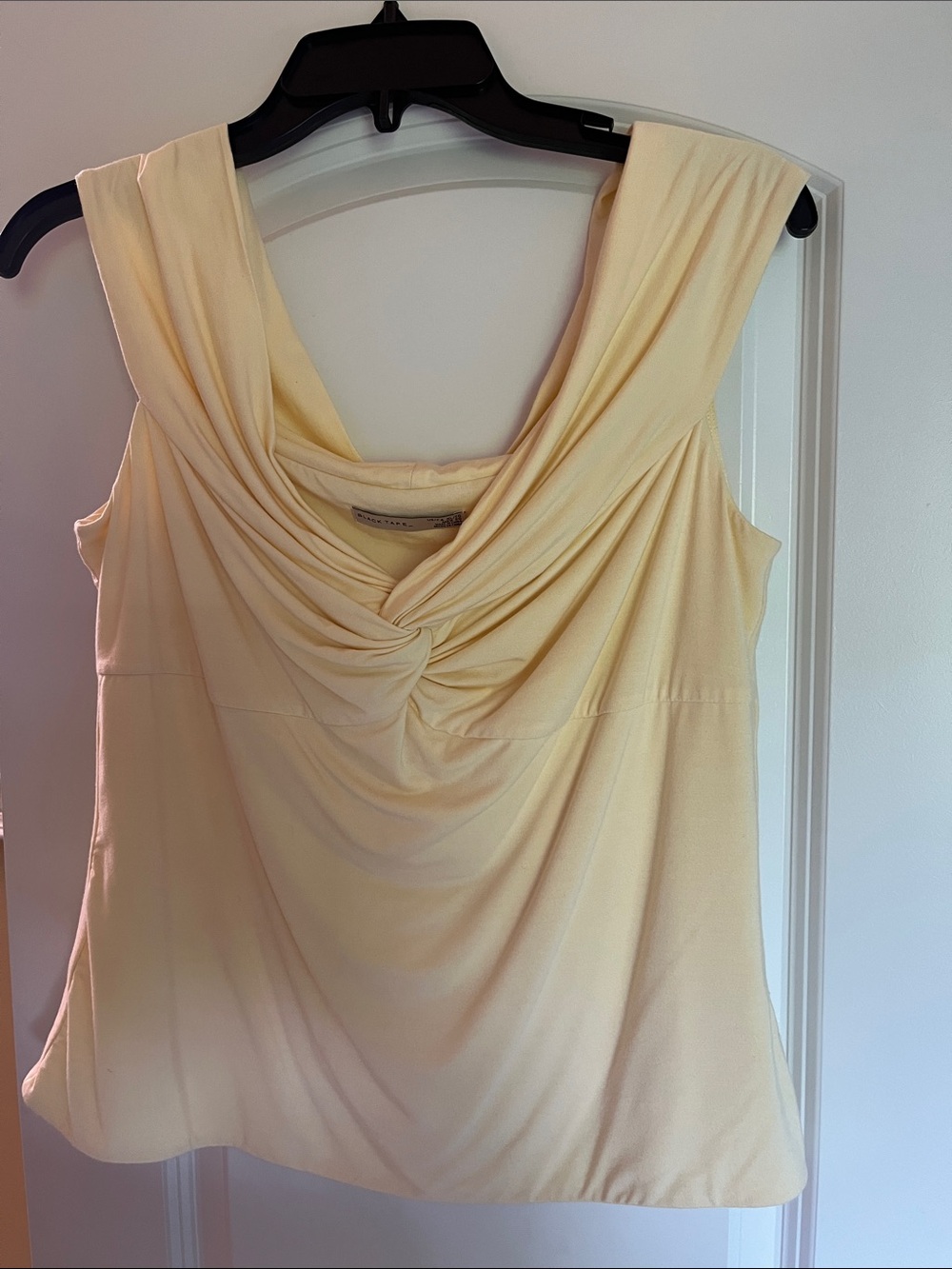 Black Tape_ Twist-Knot Off-Shoulder top in Pale Yellow